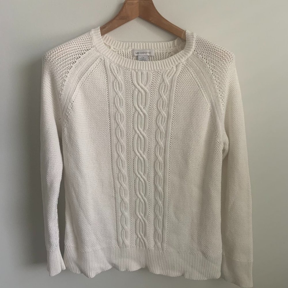 100% Cotton Cable Knit Cream Coastal Grandma Crew Round Neck Pull Over Sweater